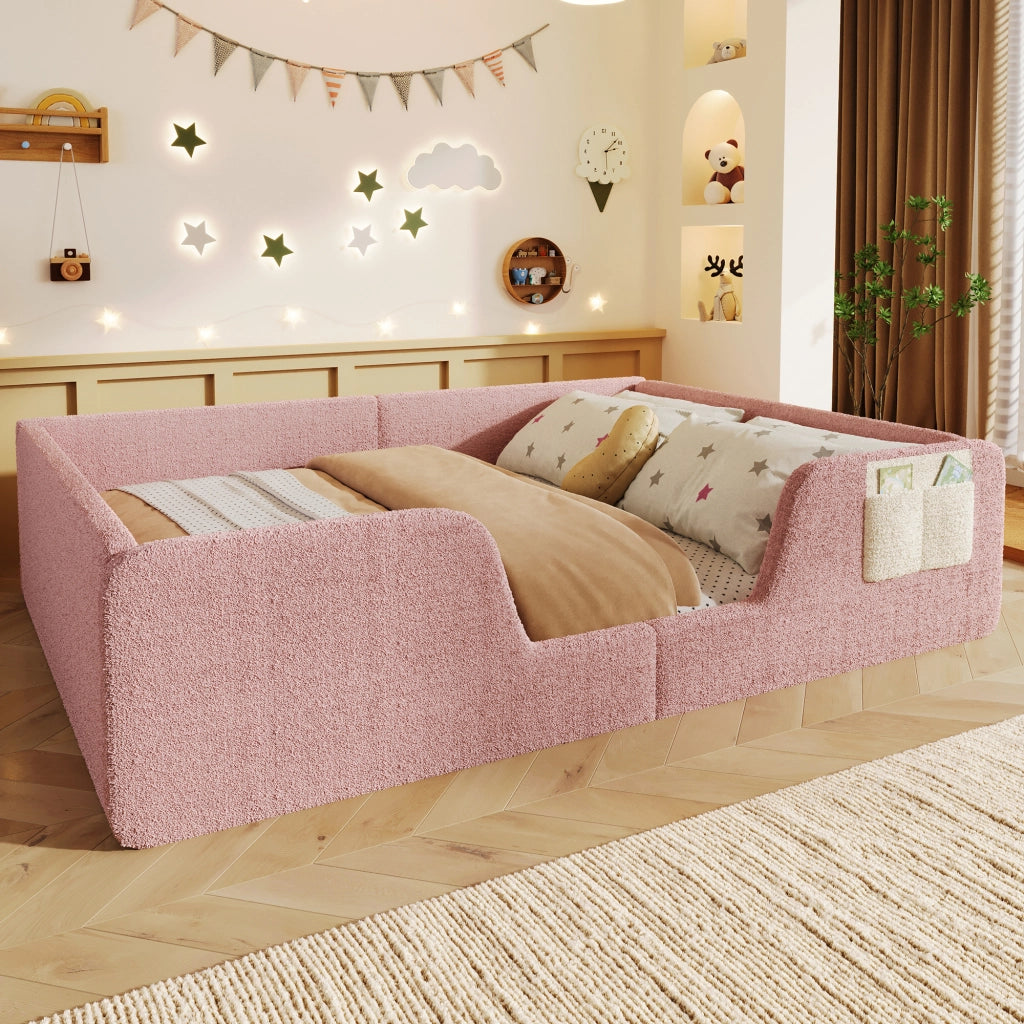 DESMIU Letto bambino 140 × 190 cm con sponde amovibili e tasca, senza materasso, in velluto, rosa