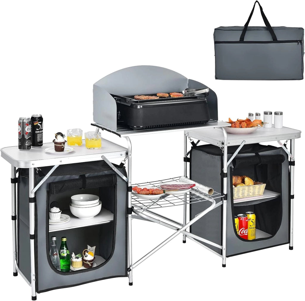 Cucina Portatile Cucina per Esterno Tavolo da Campeggio Pieghevole, Tavolo per Griglia in Alluminio, con Contenitori, per Festa Griglia e Campeggio (Grigio)