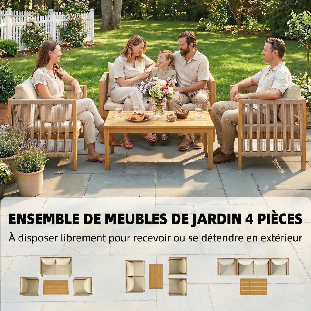 Set Divano Giardino 4 Pezzi ¨C Xylo ¨C Legno Acacia Massello Cuscini Corda Naturale