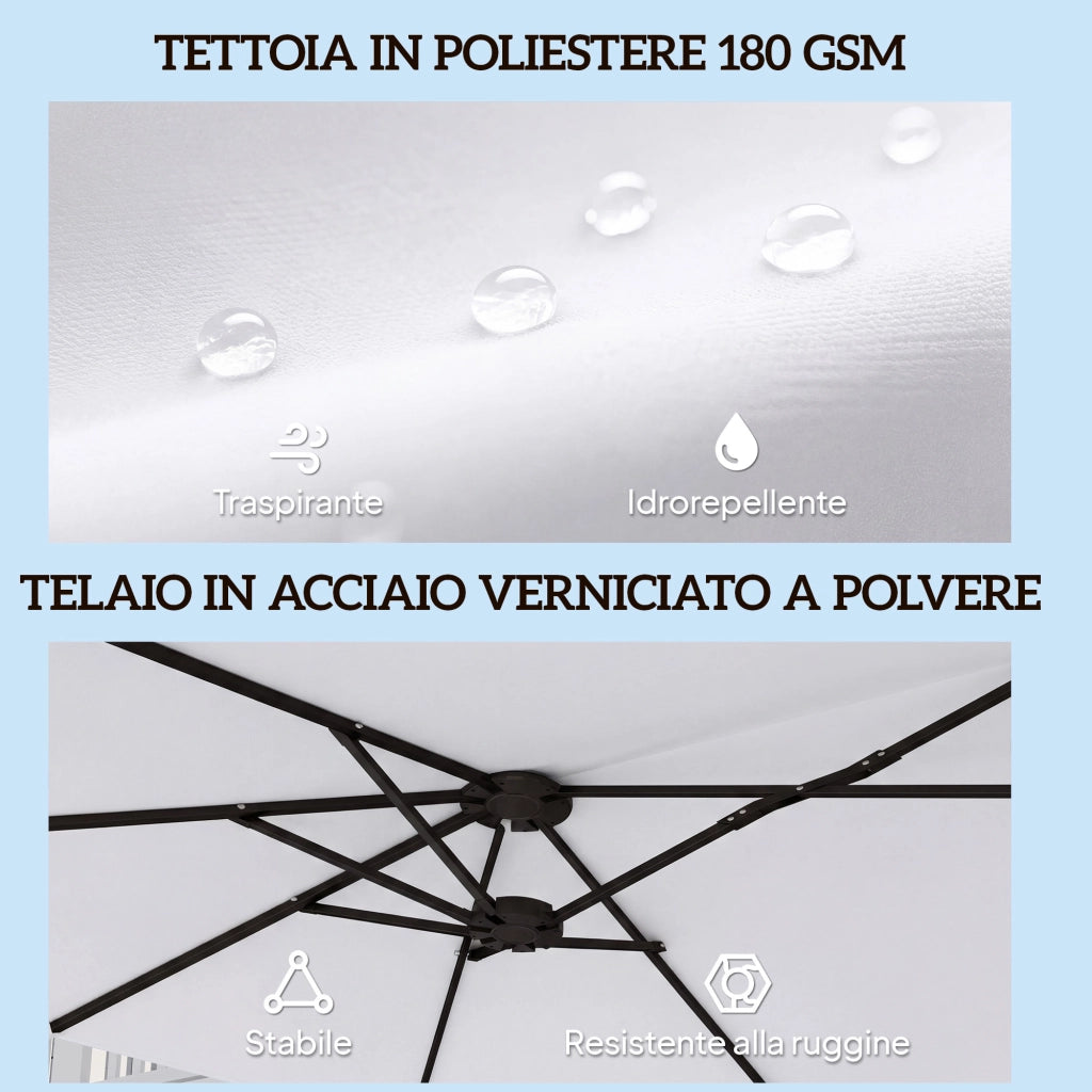 Ombrellone Doppio a 12 Stecche 459x266x235 cm con Manovella in Metallo e Poliestere Bianco