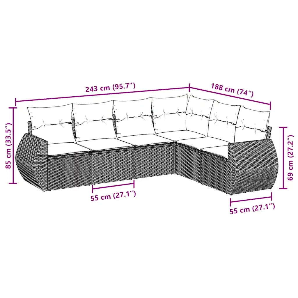 Set Divano da Giardino 6 pz con Cuscini Nero in Polyrattan 3253743