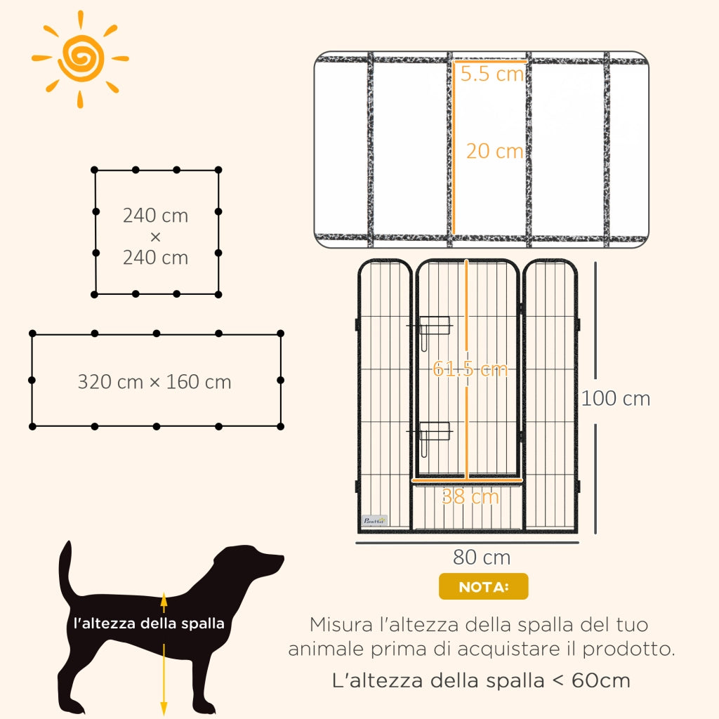 Recinto per Cani a 12 Pannelli Modulabili da 80x100 cm Pieghevole con Porta in Acciaio e 12 Picchetti Grigio