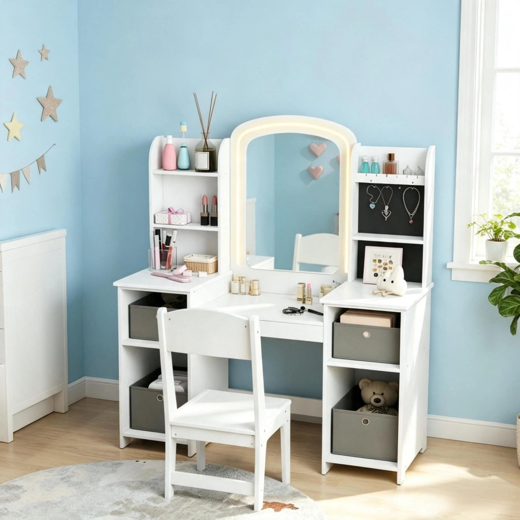 Set da parrucchiere per bambini con sgabello e specchio a LED, tavolo da trucco per bambini dai 3 agli 8 anni.