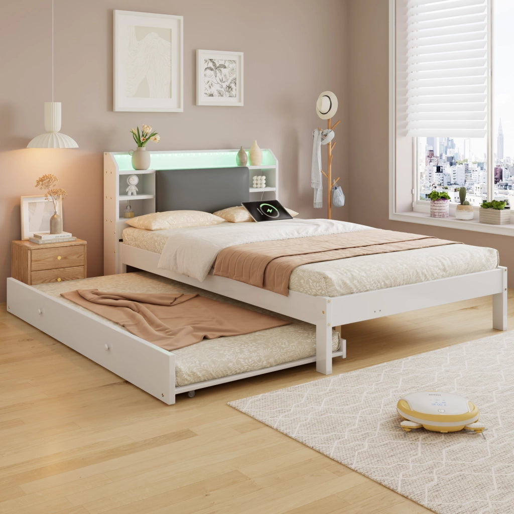 DESMIU Lit simple 120 × 200 cm con letto estraibile 90 × 190 cm, LED, ripiano e ricarica, senza materasso, bianco