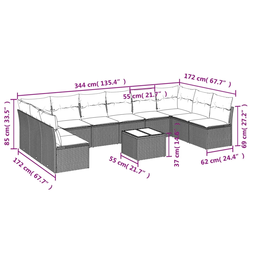 Set Divani da Giardino 11 pz con Cuscini in Polyrattan Grigio