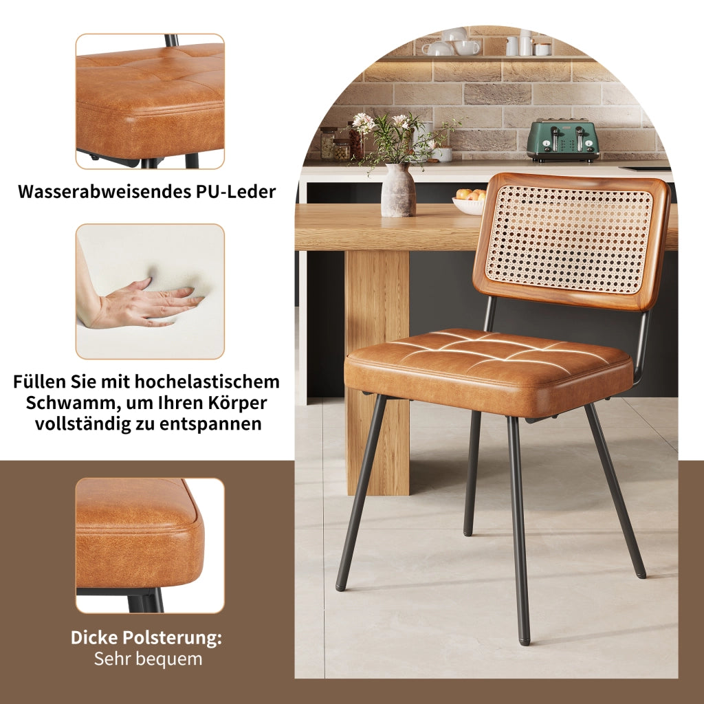 Sedia da pranzo ergonomica con schienale in rattan PE e piedini regolabili in similpelle marrone