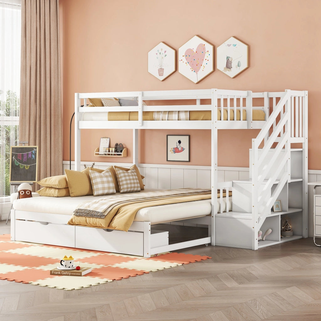 DESMIU Letto a castello 90 × 200 cm 2 posti con letto estraibile, 2 cassetti, senza materasso, in legno bianco
