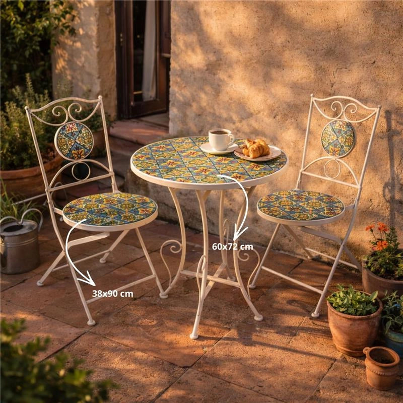 MA MAISON SET TAVOLO E 2 SEDIE PIEGHEVOLI DA GIARDINO IN METALLO CON MOSAICO SET 3 PEZZI
