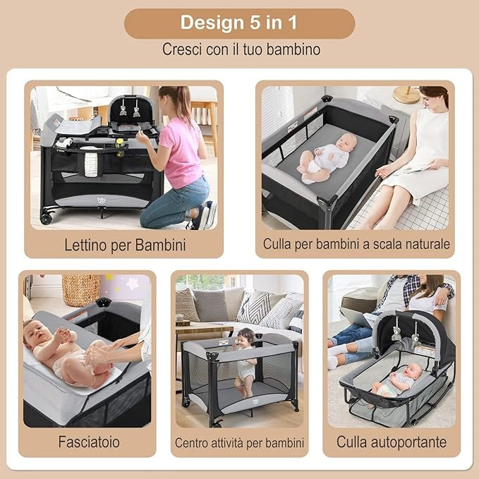 Lettino da Campeggio con Materasso, Lettino Pieghevole per Bambini con Fasciatoio, Culla da Viaggio con Ruote, Giocattolo, Lettino Bambini Staccabile, per Bambini 0-36 Mesi (Nero)