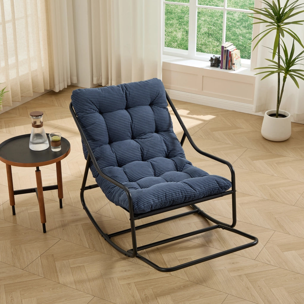 Sedia a Dondolo da Giardino Poltrona con Oscillazione Regolabile e Cuscino Spesso in Acciaio Blu Navy 75 × 116 × 82 cm