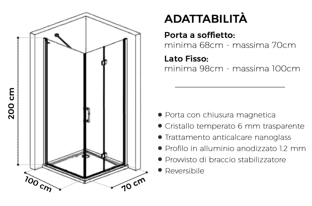 Box doccia Angolare 100x70 cm porta a soffietto + fisso H200 cm cristallo 6 mm profilo SATINATO ZAIRA