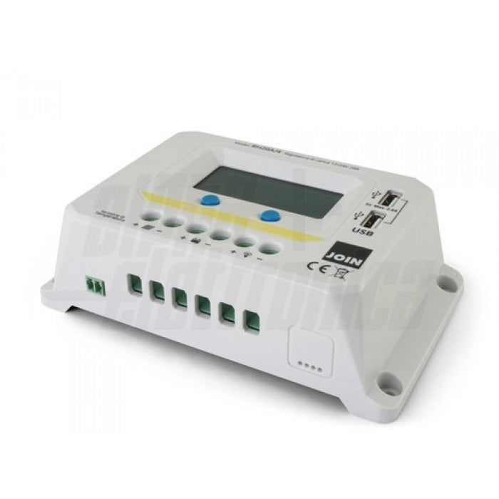 Regolatore di carica PWM 12/24V 20A con display, uscita USB 5V e crepuscolare configurabile