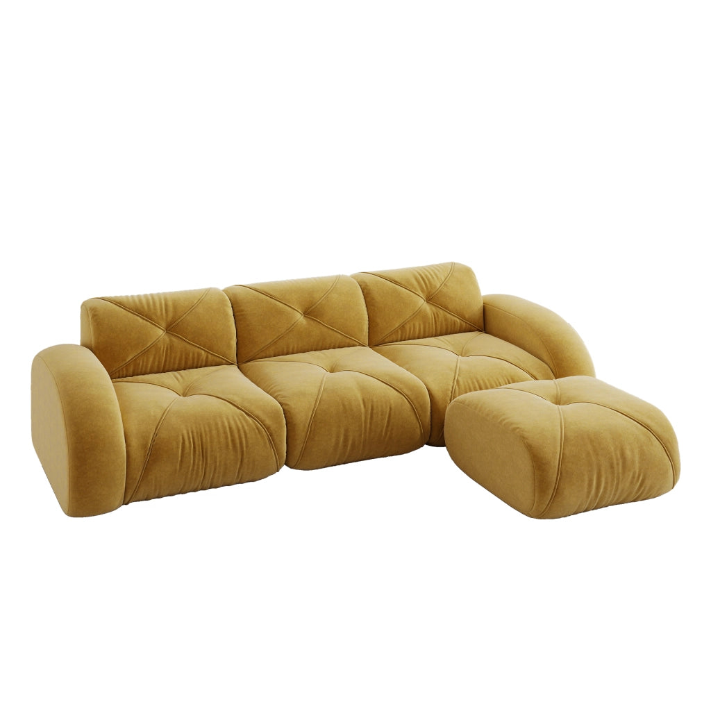 Divano modulare a L con pouf - in chenille con schiuma 32D e base antiscivolo - giallo