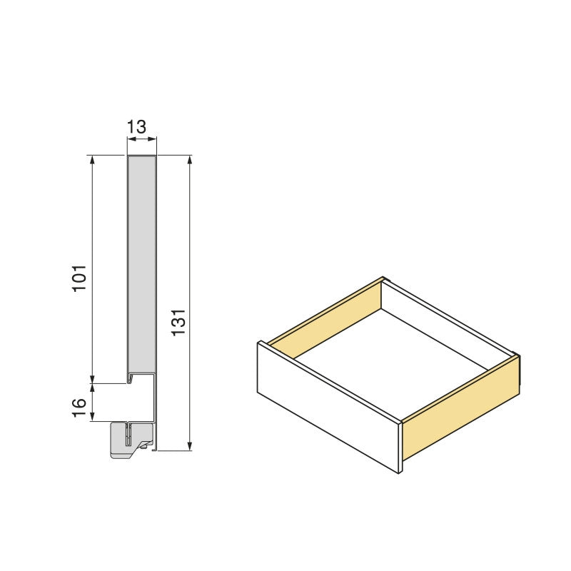 Cassetto esterno Protone 30kg, guide di estrazione totale con una chiusura soft, altezza 131mm, profondità 500mm, Acc..