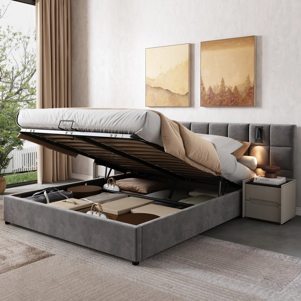LETTO Contenitore 160x200 cm in velluto grigio con lampada e USB