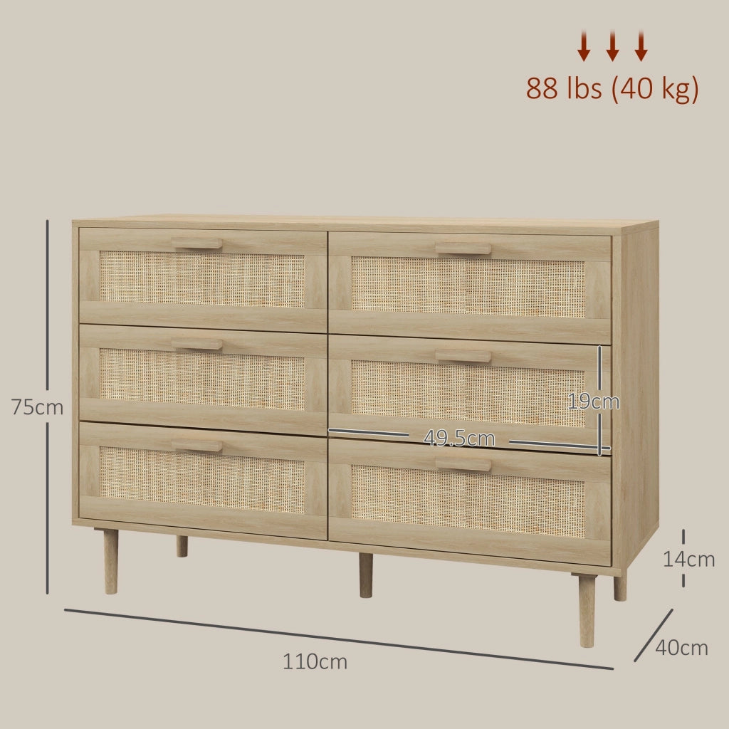 Cassettiera 6 Cassetti Stile Boho per Soggiorno e Camera da Letto 110x40x75 cm in Legno e Rattan Naturale