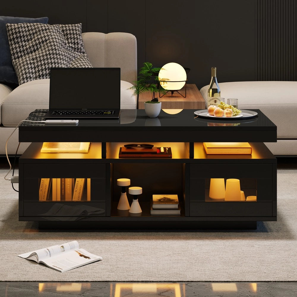 Tavolino da Caff¨¨ con LED e Vano ¨C MINIMAL ¨C Nero Lucido 100x50x43