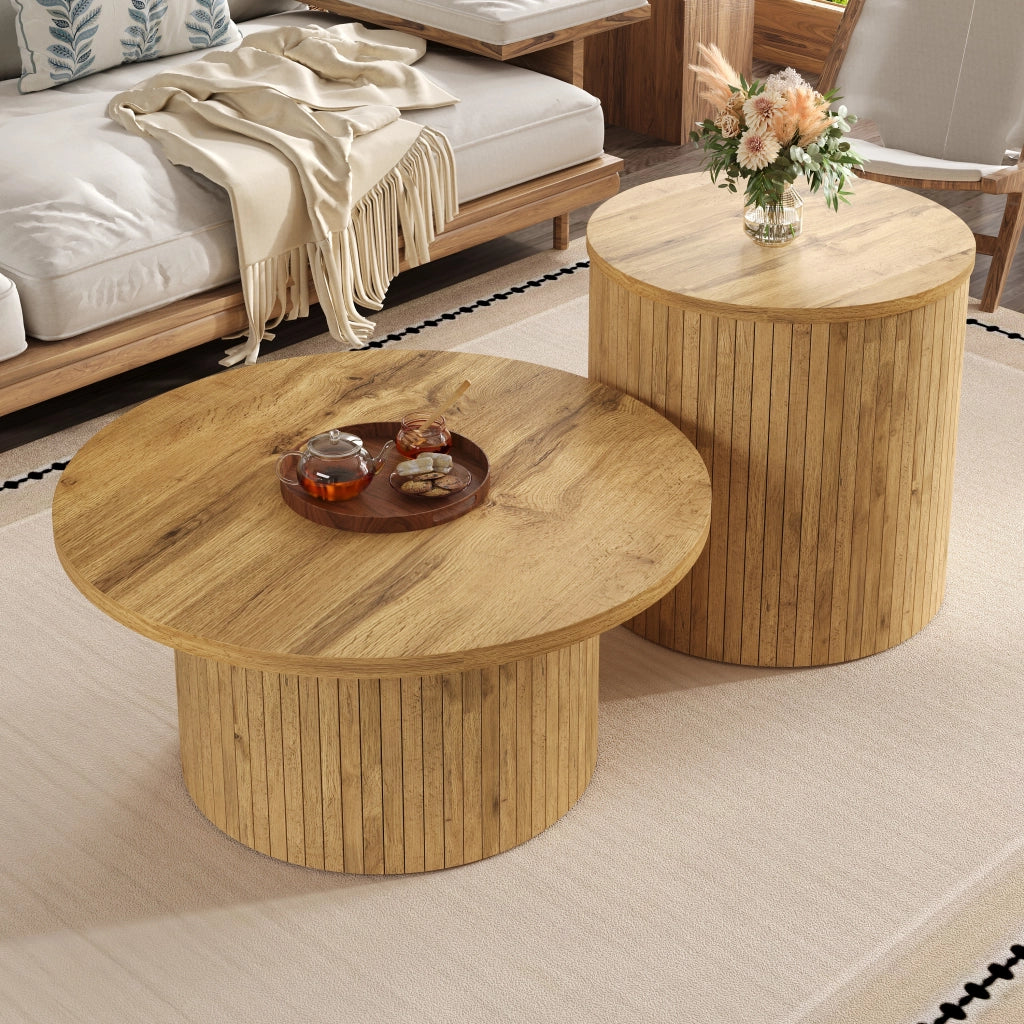 Tavolini da Salotto Impilabili Rotondi con 2 Tavoli e Vano Contenitore Stile Nordico per Soggiorno MDF Naturale