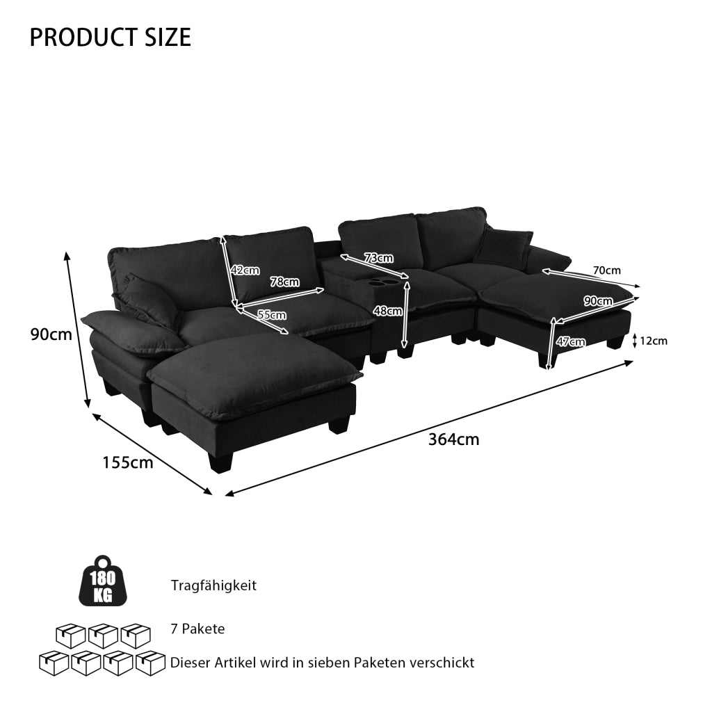 Divano Angolare Modulare U con Ottomane, Contenitore e USB ¨C Xylo ¨C Chenille Nero