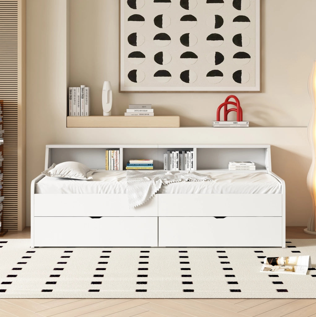 Letto daybed 90x200 cm con 2 cassetti e vani contenitore, bianco
