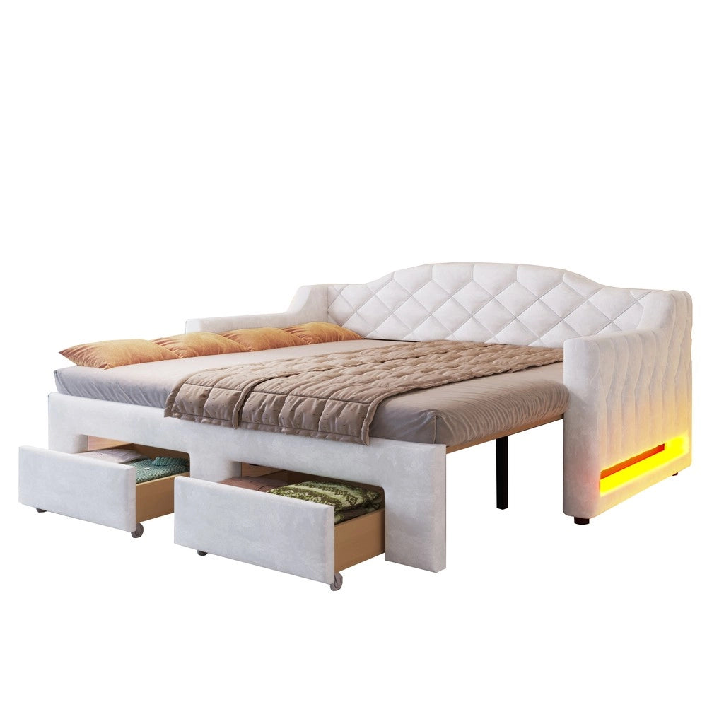 Letto Imbottito con Cassetti e LED ¨C Xylo ¨C Bianco, 90x200/180x200