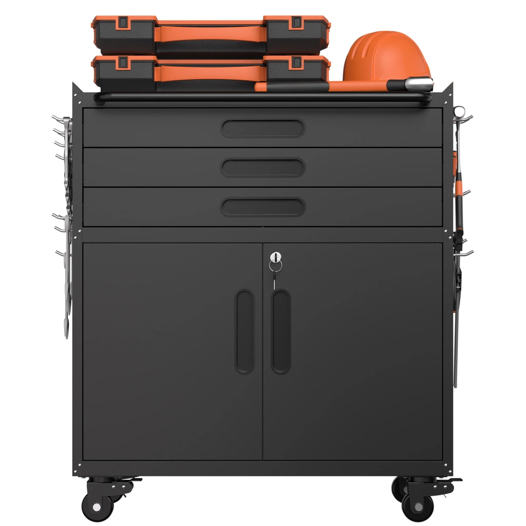 Mobiletto portautensili in metallo, dimensioni H 87,3 ¡Á L 75 ¡Á P 42 cm ¨C robusto armadio da garage con ante chiudibili a chiave e 3 cassetti, organize