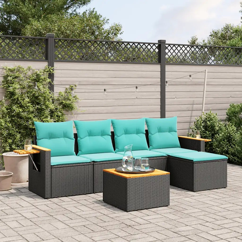 Set Divani da Giardino 6 pz con Cuscini Nero in Polyrattan