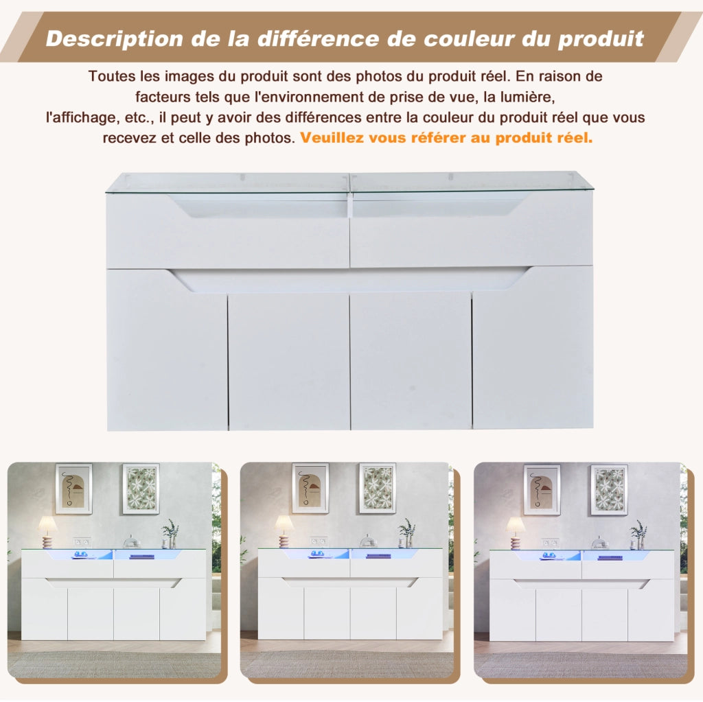 Credenza sideboard 140x40x70 cm in MDF bianco con piano in vetro temperato e LED