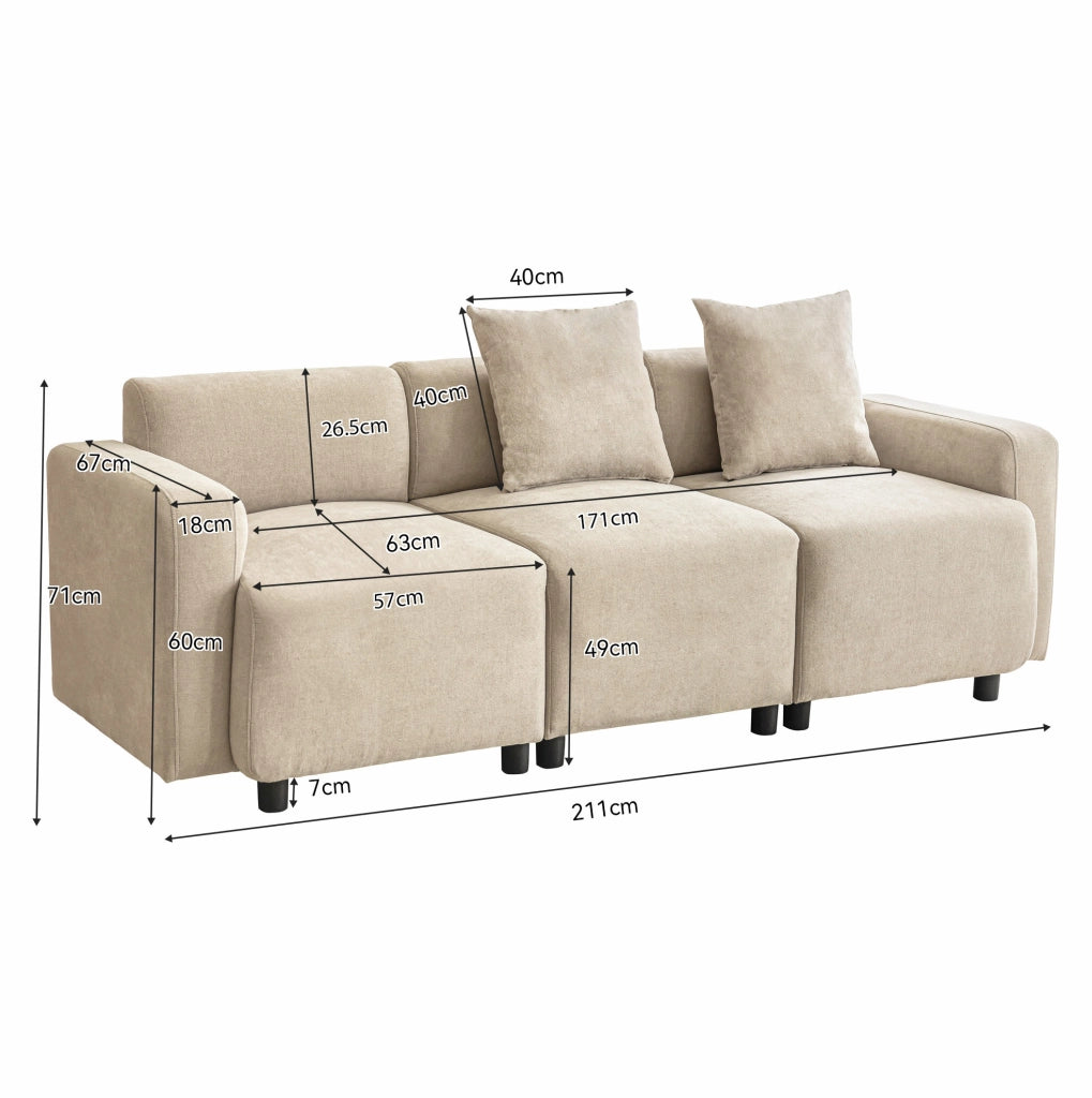 Sofa 211x67x71 cm con seduta extra ampia in chenille beige