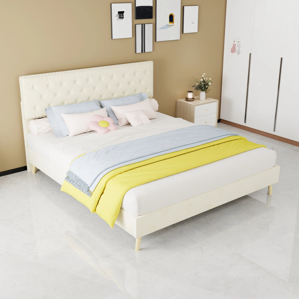 DESMIU Letto 160 × 200 cm 2 posti con vano sotto il letto, senza materasso, in tessuto, beige
