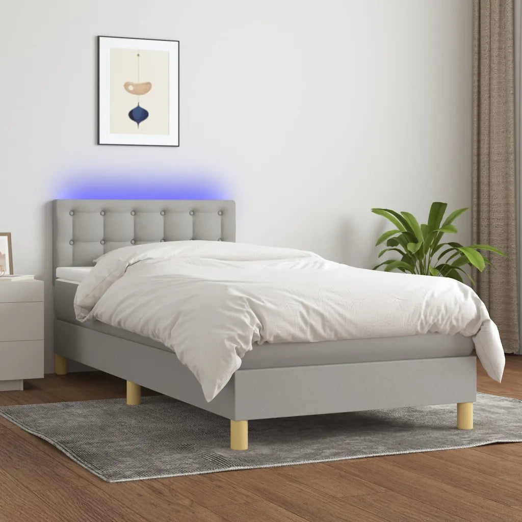 Letto singolo | Letto per adulti | Letto a Molle Materasso e LED Grigio Chiaro 90x190 cm Tessuto