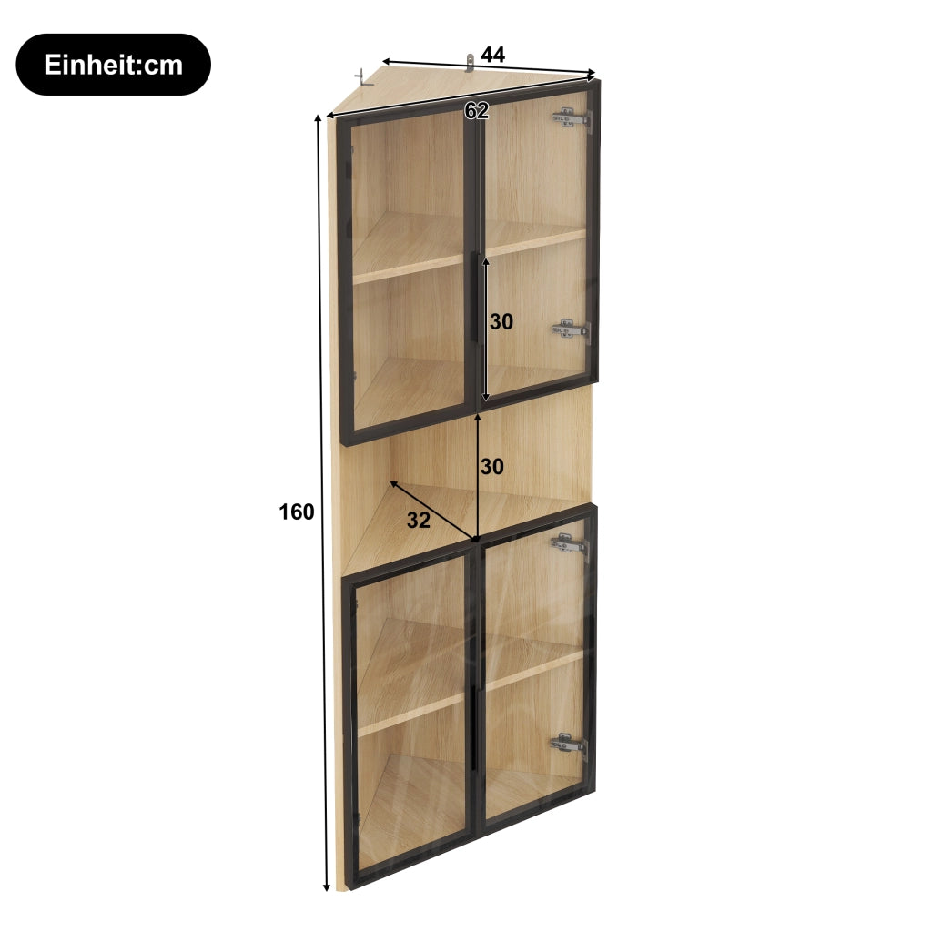 Vetrina, mobile angolare, ante in vetro, illuminazione a LED, 62x32x160 cm, colore legno naturale