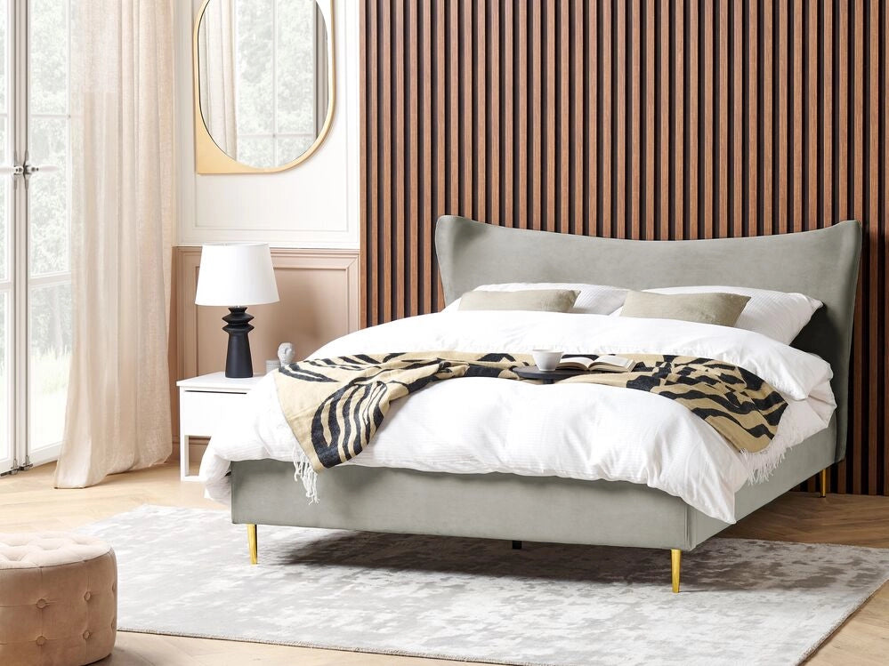 Letto in velluto grigio con struttura 180 x 200 cm gambe imbottite oro testiera stile glamour moderno