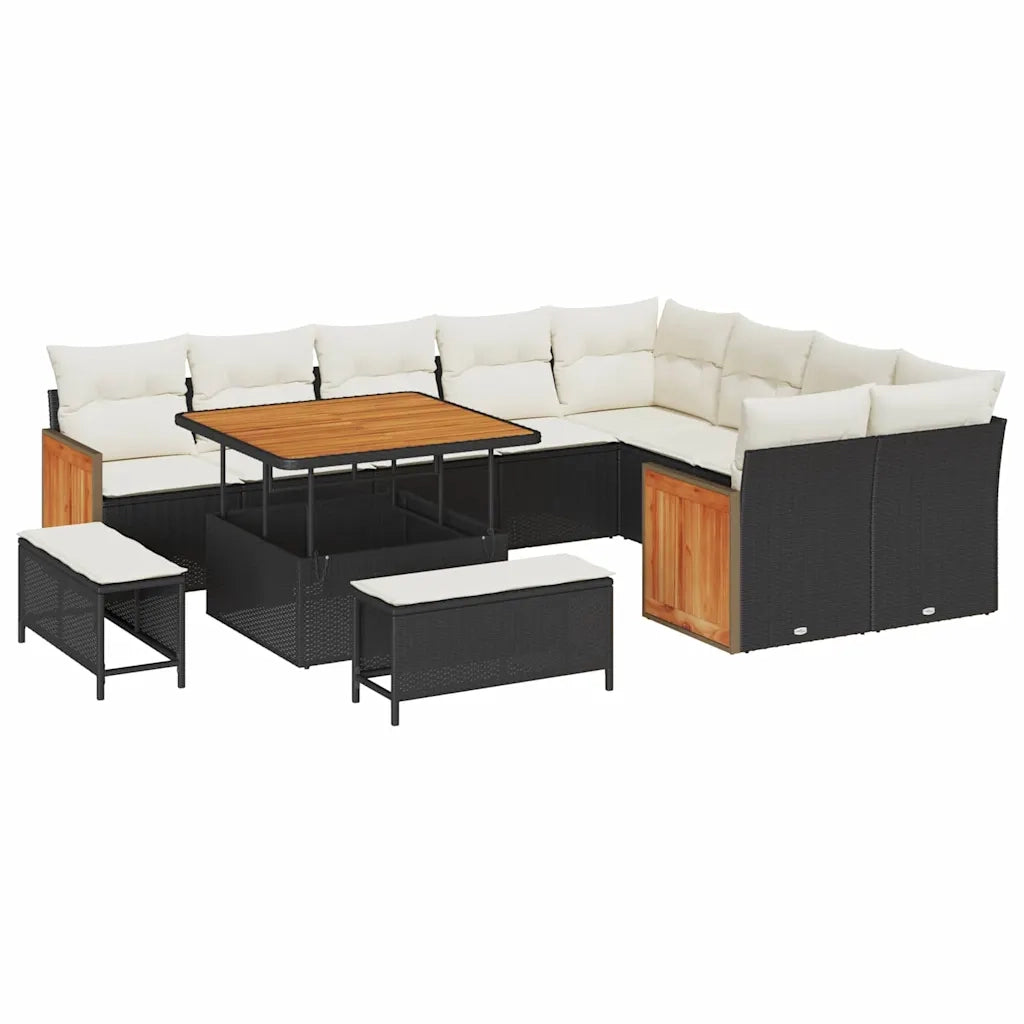 Set Divano da Giardino 13 pcs Nero e Crema polyrattan