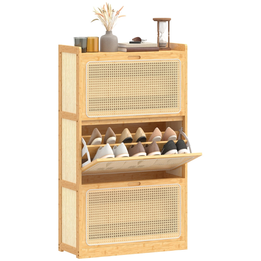 Scarpiera in Bamb¨´ con 3 Cassetti di Rattan per 18-21 Paia di Scarpe ¨C Minimal ¨C 69x29x120 cm Natural