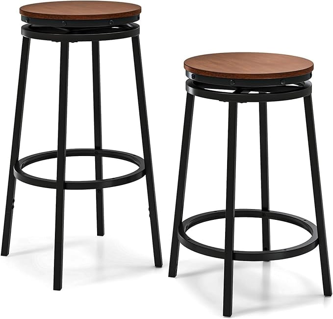 Set di 2 Sgabelli Girevoli e Regolabili in Altezza, Sgabelli da Bar in Metallo e MDF con Poggiapiedi, Mobile per Isola della Cucina, Sala da Pranzo e Salotto, Marrone e Nero