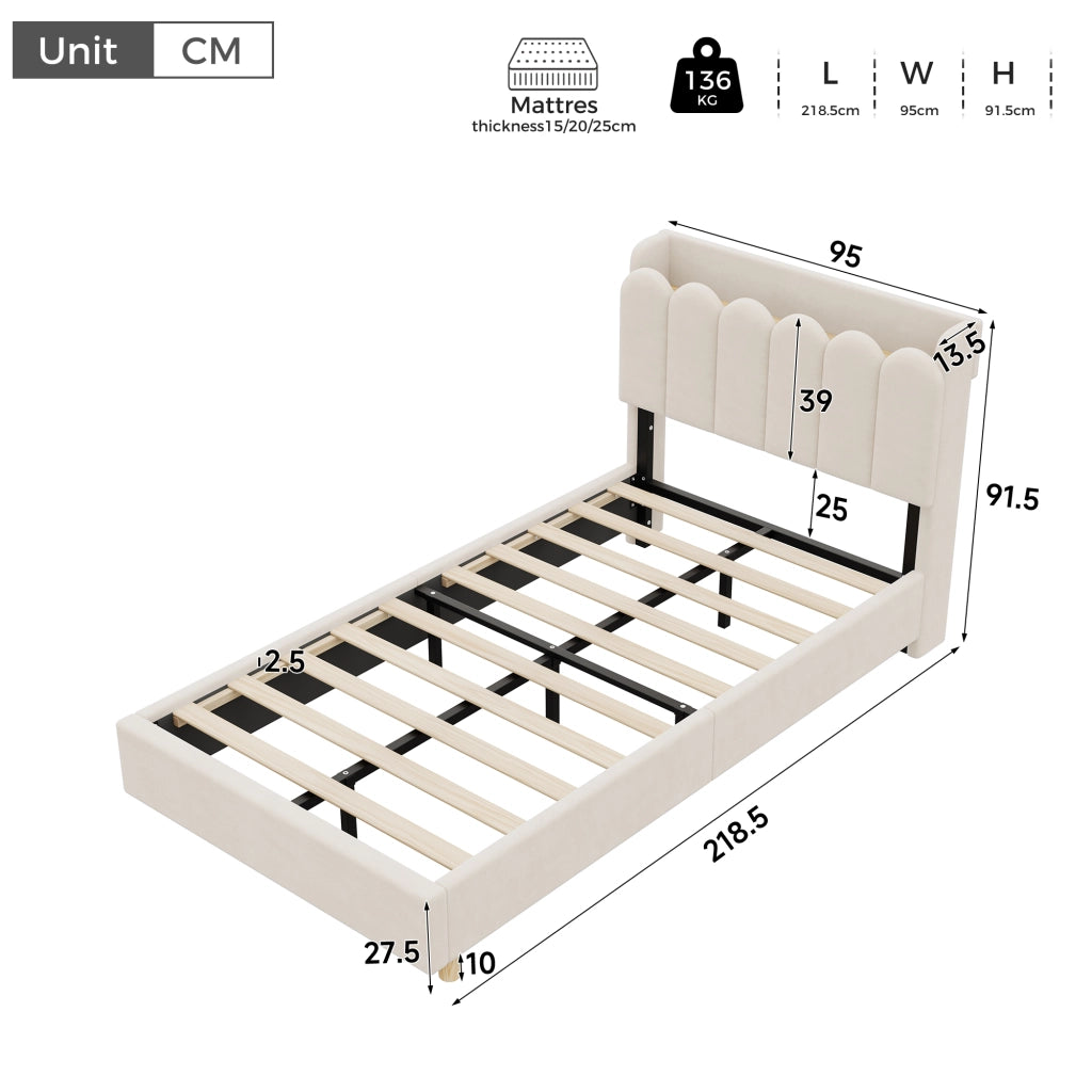 Letto singolo imbottito 90x200 cm in velluto beige, testiera contenitore, USB/Type-C e lampada da lettura