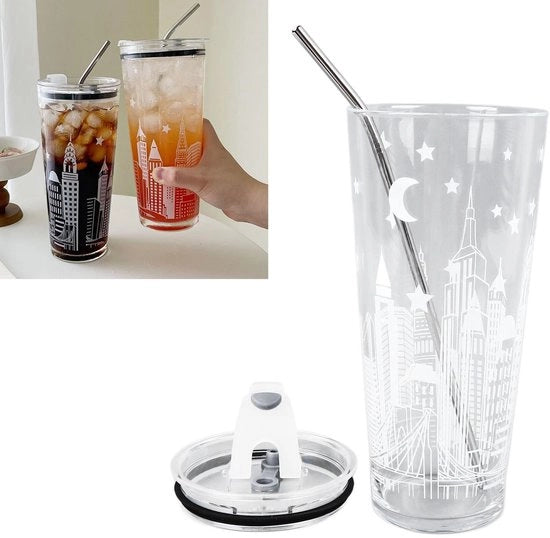 Set di bicchieri da 1 litro in vetro borosilicato resistente al calore con coperchio e maniglia in vimini.