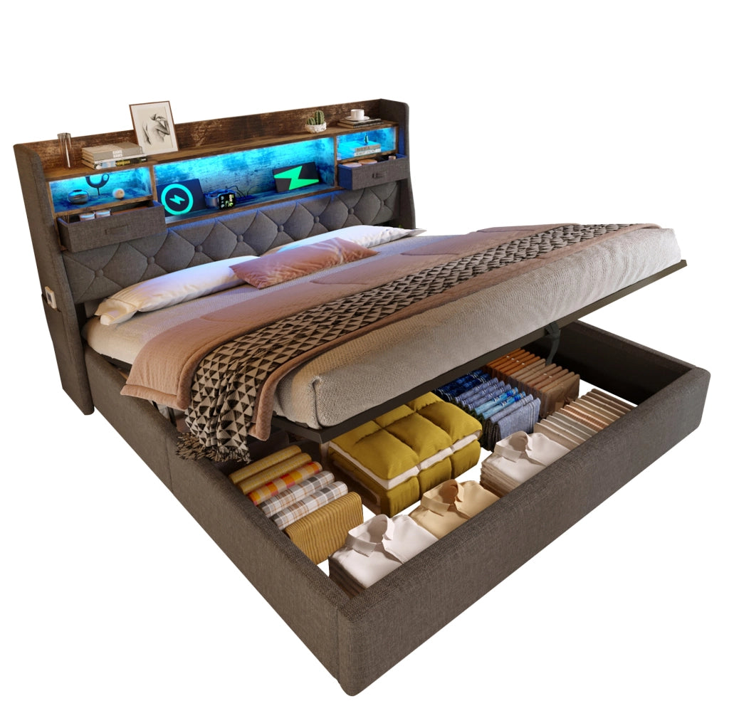 Letto contenitore 140x190 cm con LED, testiera con ricarica USB/Type-C e rete