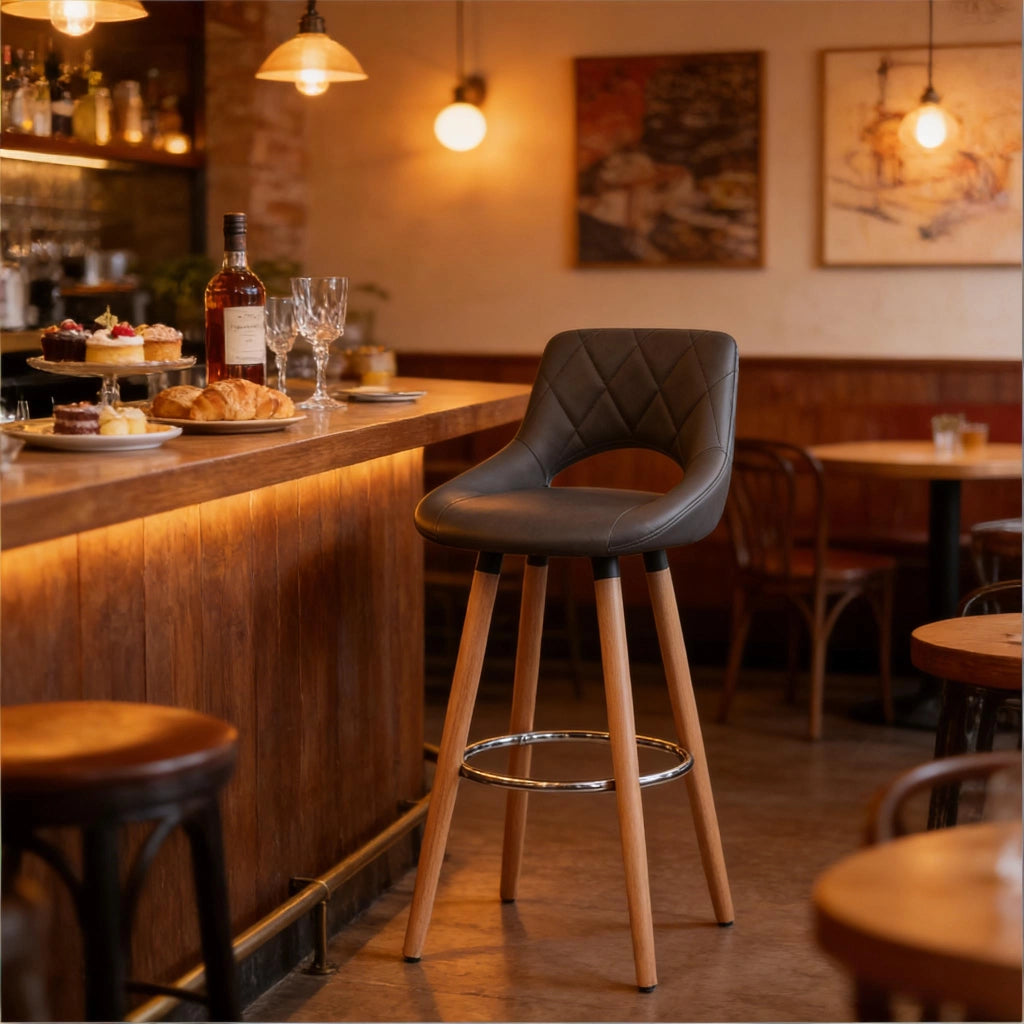 Sgabello da bar con schienale ergonomico e seduta imbottita per cucina e locali in similpelle e legno grigio