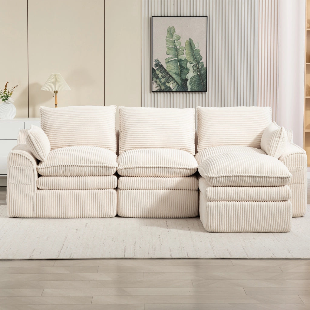 Divano modulare 3 posti - con pouf; tasche laterali e cuscini - in corduroy beige