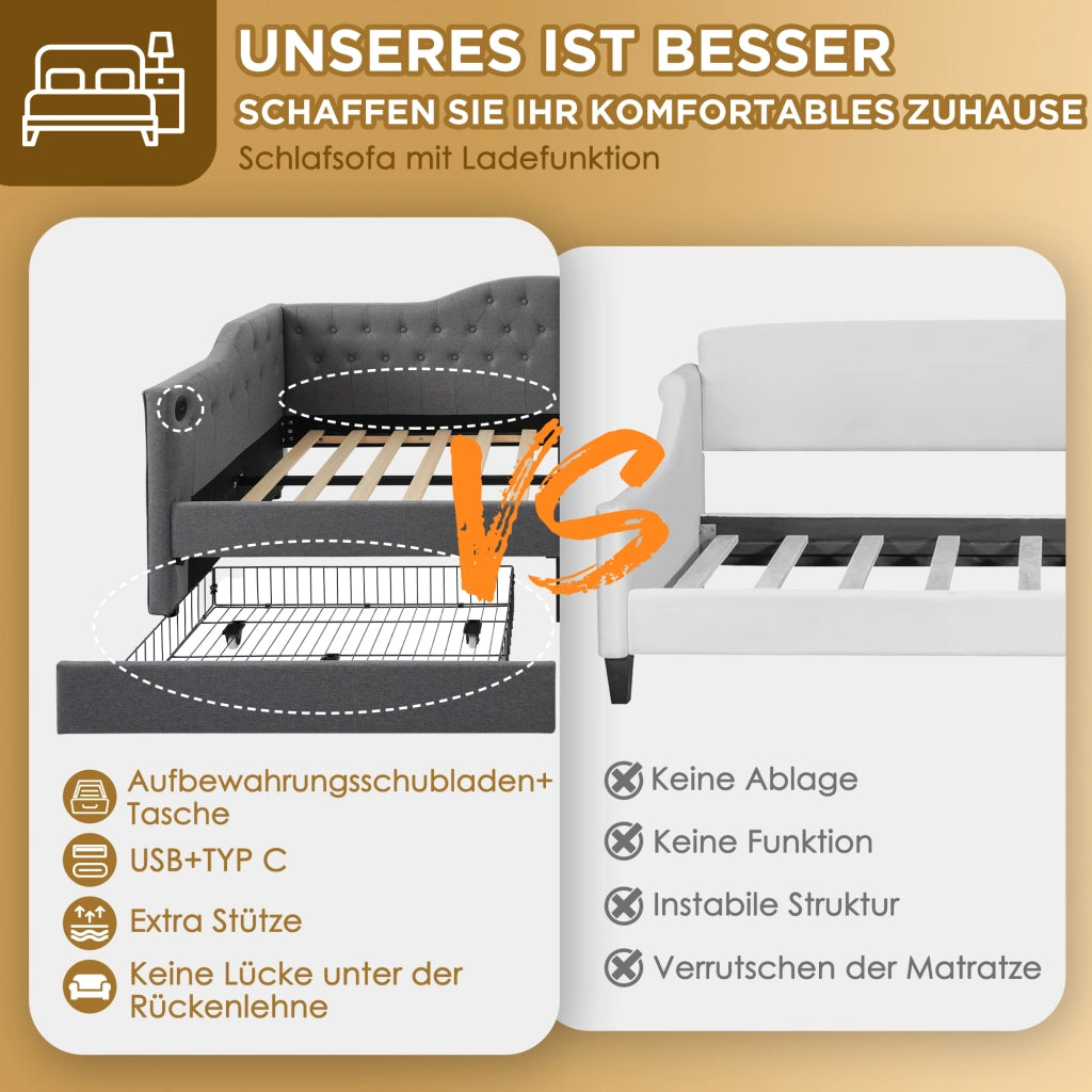 Letto a giorno imbottito con testiera trapuntata; 2 cassetti; porta USB/Tipo-C e tasche laterali; lino grigio; 90x200 cm; senza materasso