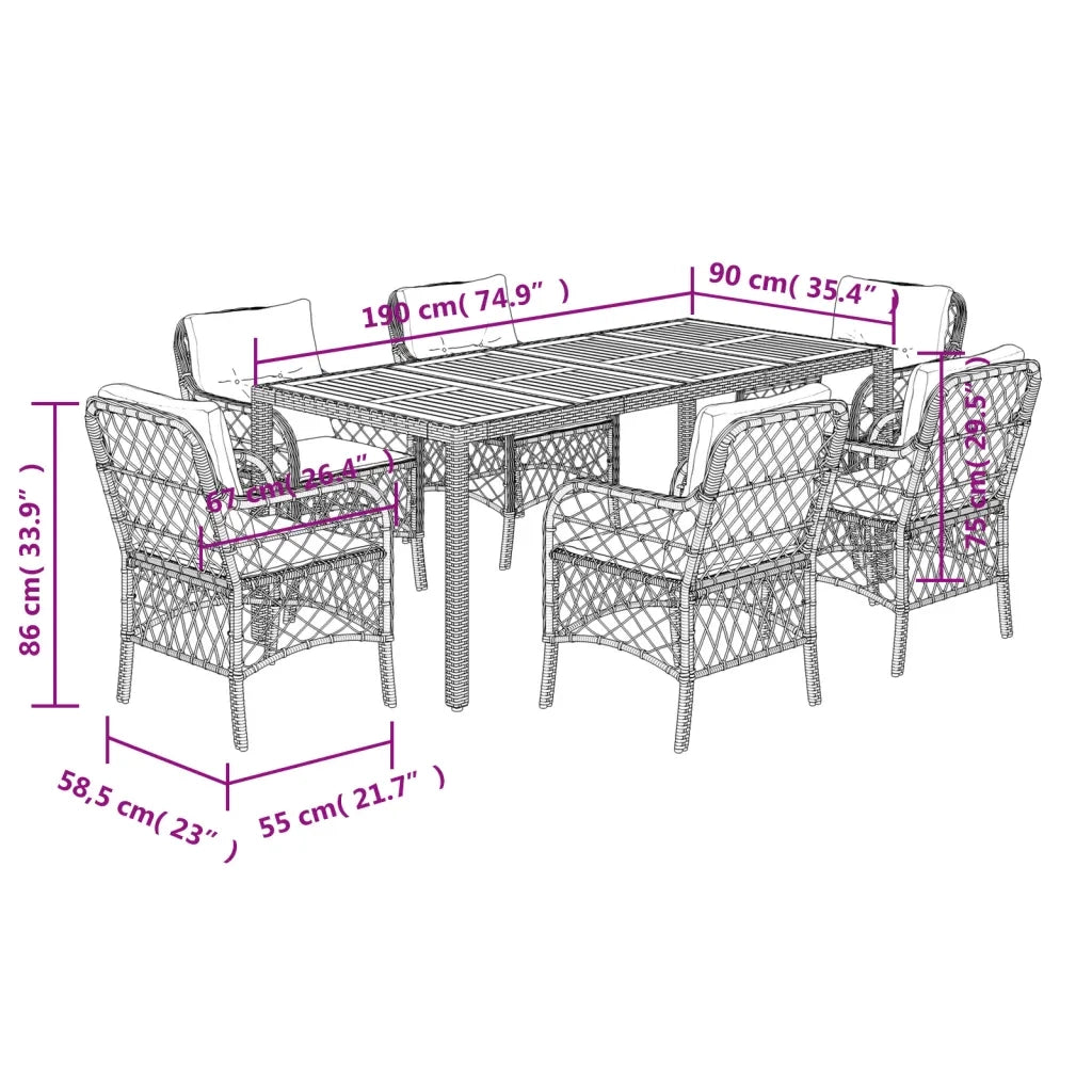 Set da Pranzo da Giardino 7 pz Nero con Cuscini in Polyrattan