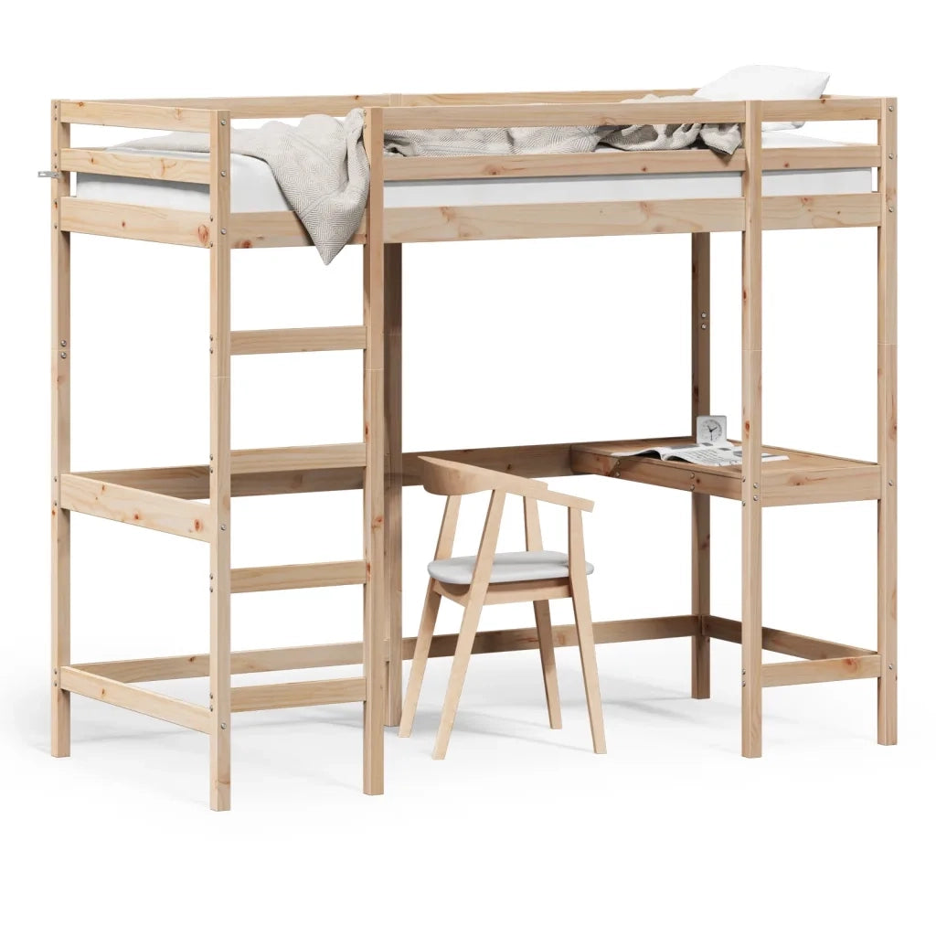Letto singolo | Letto per adulti | Letto Soppalco con Scrivania 90x200 cm Legno Massello Pino