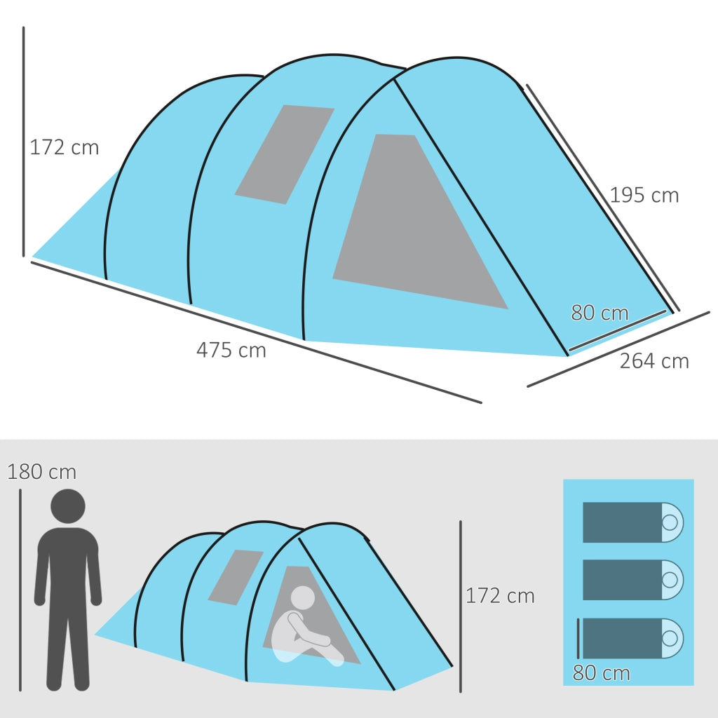 Tenda a tunnel, tenda da campeggio per 4 persone con 2 stanze, protezione UV, finestre, borsa per il trasporto, colonna d'acqua 2000 mm, blu