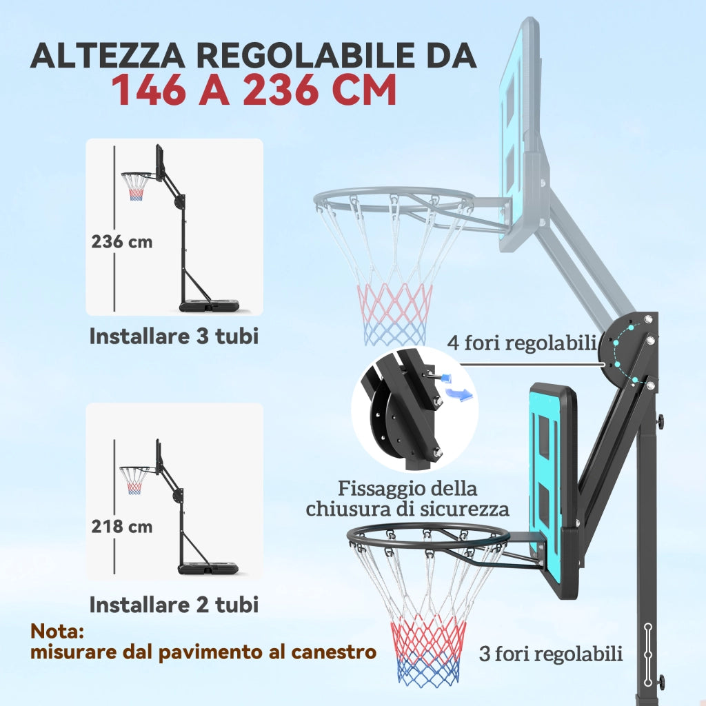Canestro da Basket Regolabile con Ruote ¨C Minimal ¨C Nero, 146-236 cm