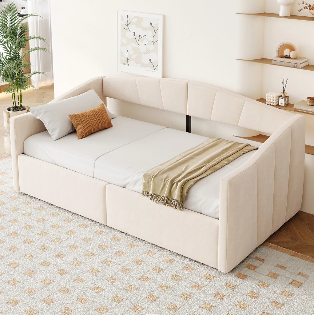 Letto imbottito multifunzionale 90x200 cm con contenitore idraulico; velluto beige