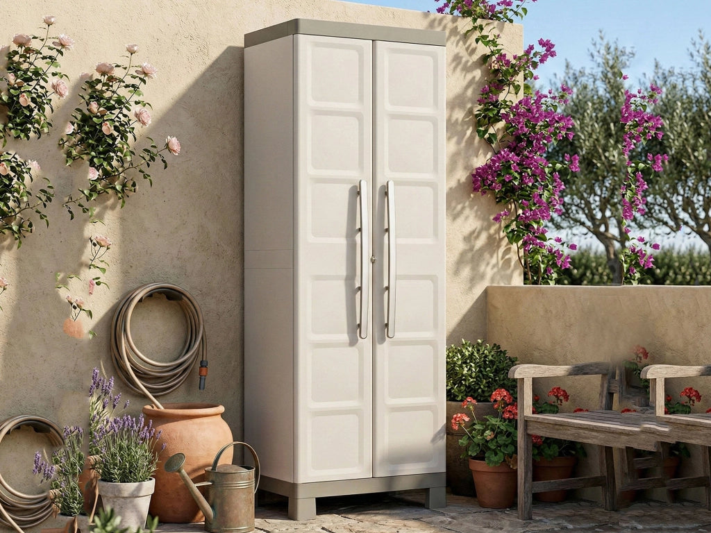 Armadio da esterno Strathmore, Mobile outdoor, Mobiletto giardino multiuso, Contenitore per balcone o garage, Made in Italy, 65x45 h182 cm, Sabbia
