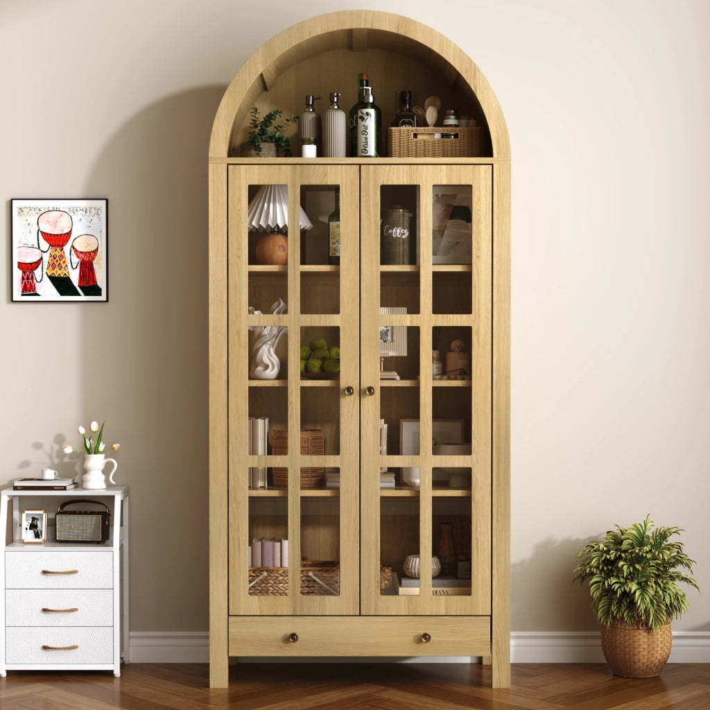 Vetrina ad Arco con 1 Cassetto e Ripiani per Soggiorno in MDF 75×35×170.5 cm Naturale
