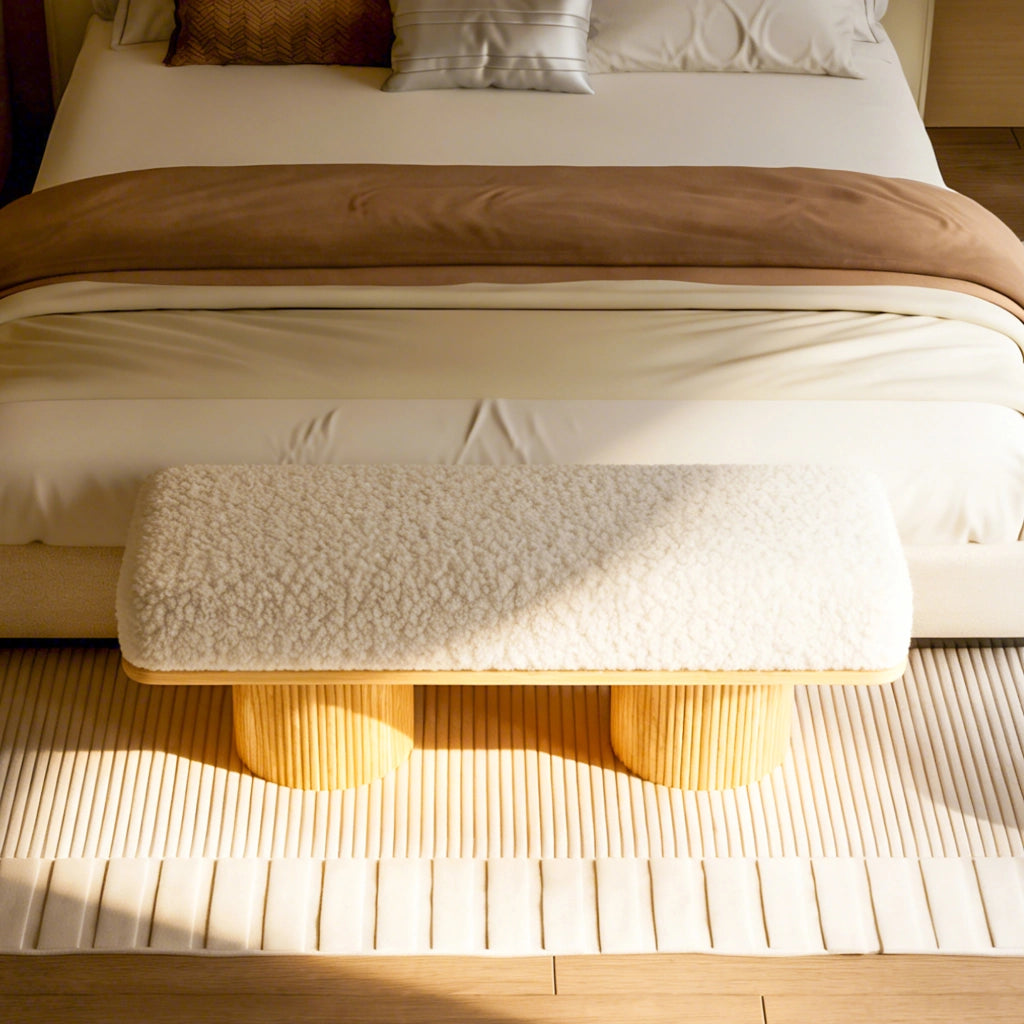 Panca imbottita 122 cm en teddy fleece con base in legno massiccio, seduta morbida per ingresso e camera, naturale